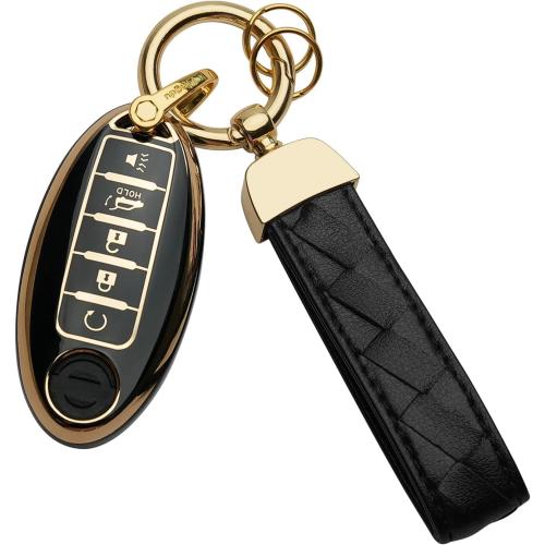 For Nissan Key Fob Cover Keychain Fit for Altima Maxima Rogue Armada Pathfinder Smart Key Shell Case (Black, 5 buttons)