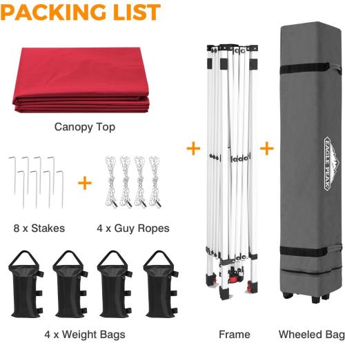 EAGLE PEAK Pop Up Canopy Tent with Wheeled Carry Bag, 8 Stakes, 4 Ropes, 4 Weight Bags, Easy Set Up Tent Canopy, 10x10 ft, 100sqft of Shade, Red