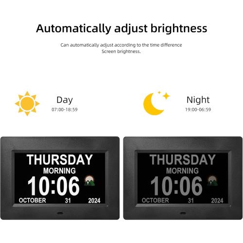 7 Inches Digital Clock with Day and Date for Elderly Alzheimer's Dementia Clock Customizable Alarms and Medicine Reminders 3 Display Modes Large Font Digital Alarm Clock for Seniors (Black)