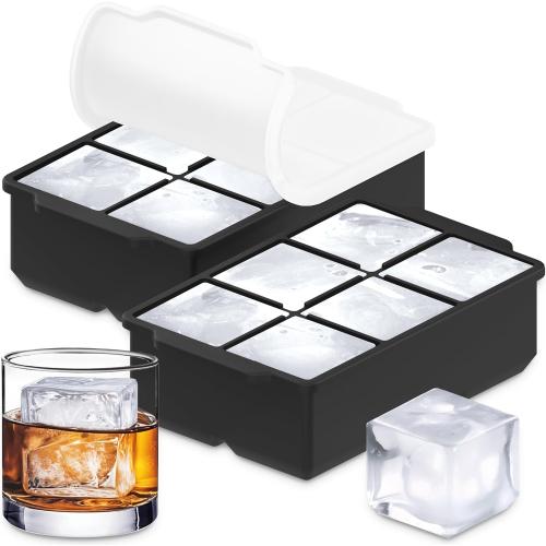 KitchFort® Large Silicone Ice Cube Tray (2-Pack), Easy Release 2 Big Ice Cubes - Cocktail, Whiskey Ice Cubes Mold - Ice Trays for Freezer with Lid - Stackable Silicone Ice Tray - Black