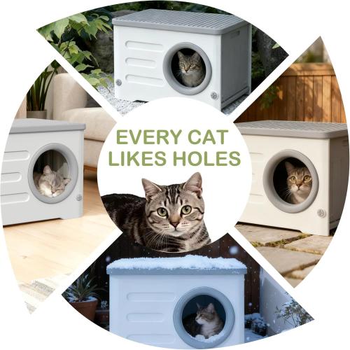 Outdoor Cat House Weatherproof, Insulated Heavy-Duty HDPE Feral Cat Shelter with Cozy Cushion, Elevated Stackable Round Entrance Cat House for All Seasons Indoor Outdoor (Grey and White)