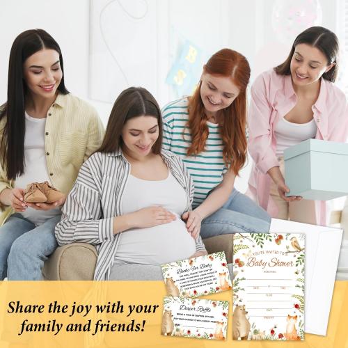 Woodland Baby Shower Invitations Kit with Envelopes, 25 Set Baby Shower Invites & 25 Diaper Raffle Tickets & 25 Baby Shower Book Request Cards, Baby Shower Celebration Supplies & Favors -06