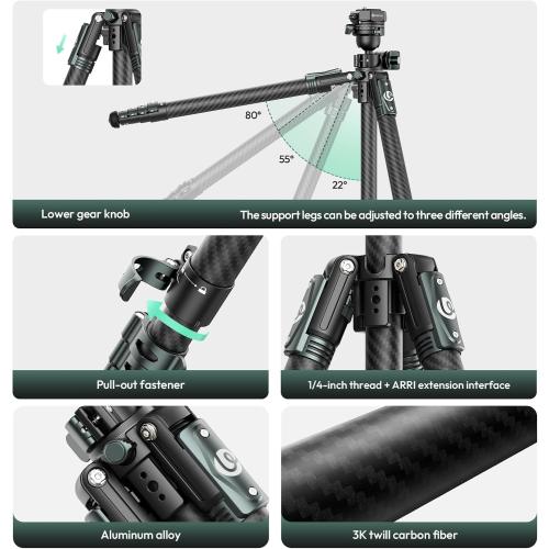 ULANZI JJ05 GlideGo Carbon Fiber Photo Tripod, Dual 360° Pan Head, 72.4 inch Max Height, 11 lb Load, UKA Quick Release, Professional Portable Lightweight Travel Tripod with Bag