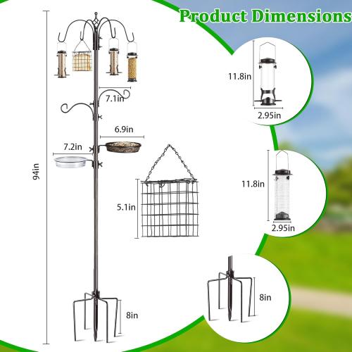 Bird Feeding Station Kit, 94 Inch Metal Birds Feeder Stand Pole with 6-Hook, Bird Bath and Mesh Tray, 5-Prong Base