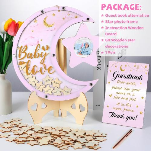 Baby Shower Guest Book Alternatives Moon Guest Book for Baby Shower Guest Book Frame with Star Baby Shower Decorations Guest Book Alternative for Wedding Boys Girls Birthday Party Keepsake(Pink)