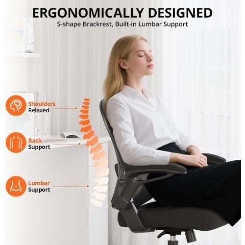 Black Office Chair, Ergonomic Desk Chair Breathable Mesh Chair with Adjustable High Back Lumbar Support Flip-up Armrests, Long Hours Comfortable Computer Chair for Home Office, Black