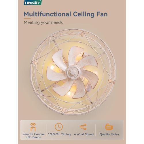LEDIARY 20in Caged Low Profile Ceiling Fan Light with Remote White Gold