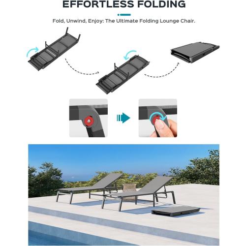 Aluminum Chaise Lounge Ourdoor - Foldable & Assemble Free Outdoor Lounge Chair with 5 Adjustable Backrest, Patio Lounge Chair for Outside Poolside Beach Pool, Grey
