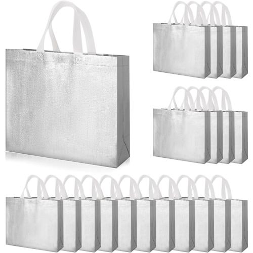 Glossy Silvery White Large Gift Bags with Handle 20-Pack,Reusable Non-woven Party Favor Bags with Sturdy Base for Birthday Wedding Easter,15.75x11.81x4.72 Inches (Silvery white, M)