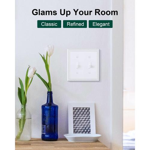 2-Pack Double Toggle Light Switch Cover Plate, Pearls Decorative Dual Switch Plate Covers, Pure White 2 Gang Metal Wall Plate, Corrosion Resistant