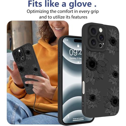 Black Flower for 16Pro Max OOK Floral Case for iPhone 16 Pro Max Case, Cute Sunflower Floral Blooms Design Soft TPU Shockproof Protective for Women Girls Phone Cover - Black Flower
