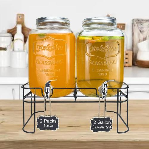 2 Gallon Larger Glass Drink Dispenser for Parties, 2 Packs Juice Lemonade Ice Tea Water Dispenser with Stand, HENABLE Beverage Dispensers with Spigot for BBQ, Picnic, Party