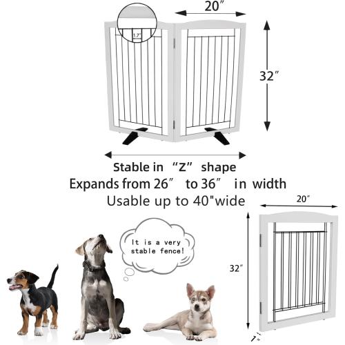 ZJSF Freestanding Dog Fence Indoor, Foldable Dog Gate for Doorways, Stairs or Hallways, Sturdy Wood Extra Wide Pet Gate with Support Feet for The House, White, 32 Height-2 Panels