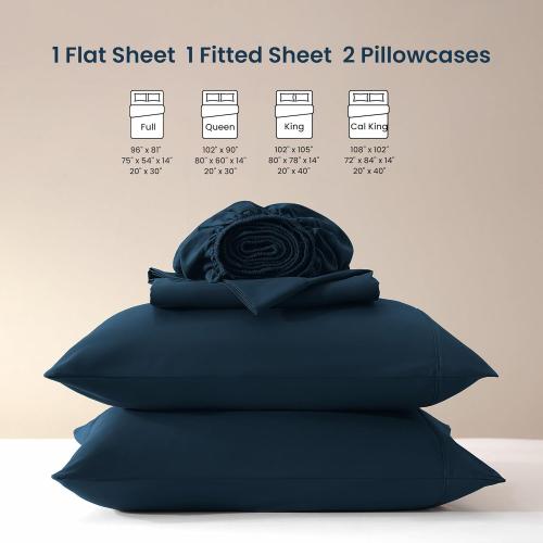 SLEEP ZONE Nanotex Super Soft Cooling Queen Bed Sheets Set 4 Piece - Easy Care Fitted Flat Sheet & Pillowcase Sets - Wrinkle Free, Fade Resistant, Deep Pocket 16 (Navy Blue, Queen)