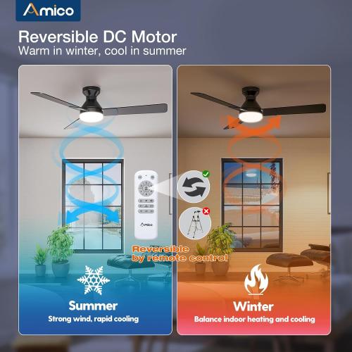 Amico Ceiling Fans with Lights, Low Profile Ceiling fan with Light and Remote Control, Flush Mount, Reversible, 3CCT, Dimmable, Noiseless, Black Ceiling Fan for Bedroom, Indoor/Outdoor Use