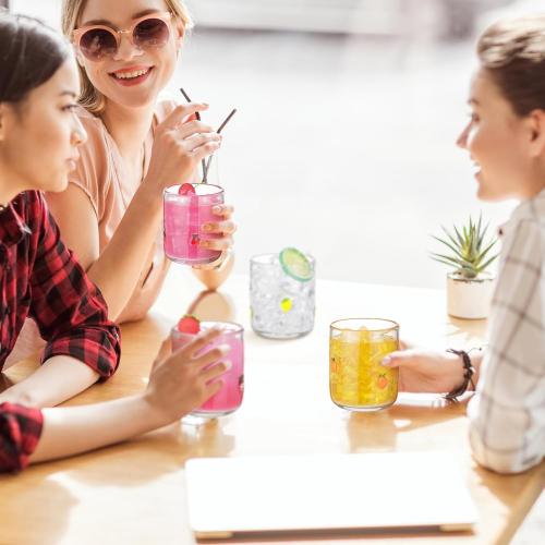 SiliFine 4 Pack Fruit Icon Juice Glasses Set - 14 oz Lemon, Strawberry, Cherry, Orange Stemless Glass Cup for Coffee Wine Cocktail Drinking - Summer Birthday Holiday Party Supplies & Ideal Gift