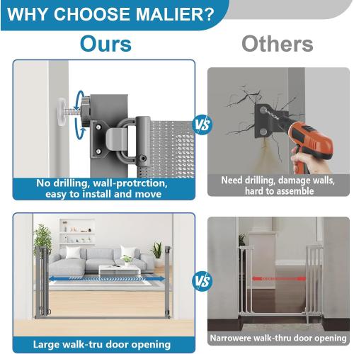 Malier Safety Innovations No Hole Retractable Baby Gate Mounting Kit for Stairs, Doorways, 36-60 Wide Pressure Mounted Mesh Baby Gate or Mesh Dog Gate Banister Adapter (Mesh Gate Not Included)