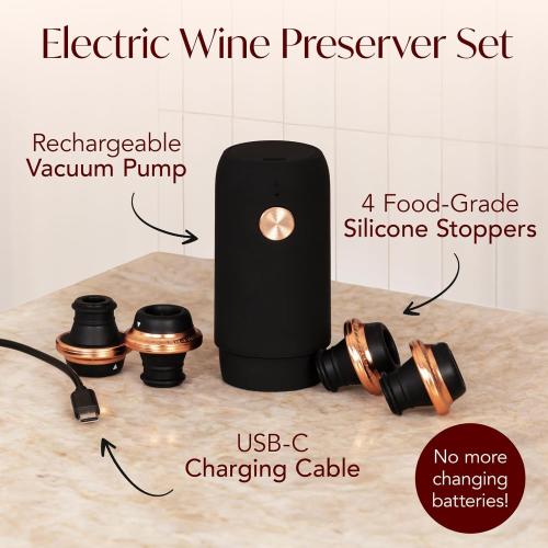 Electric Wine Preserver - Rechargeable Vacuum Saver With Airtight Seal - Automatic Air Remover Pump for 10 Days of Flavor & Freshness - Preservation System (Black & Rose Gold)