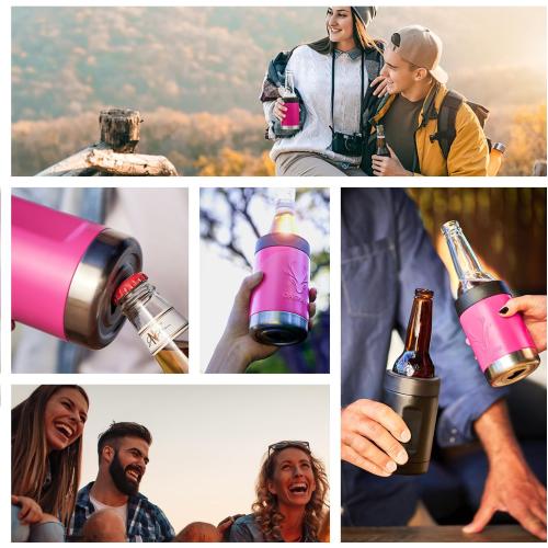 OAKMANN Beer Cozy with Bottle Opener, Insulated Can Cooler 12 oz Bottle Holder, 3 in 1 Stainless Steel Insulator, 4 in 1 Universal Can Coozie for Cans Bottles Seltzer, Beer Gifts for Her - Pink