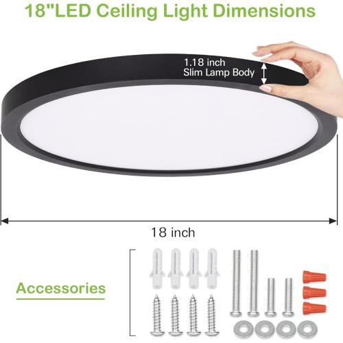 hykolity 18 Inch LED Round Flat Panel Light, Black, 32W, 3200lm, 3000K/4000K/5000K CCT Selectable, 120°Beam Angle, Dimmable Edge-Lit Flush Mount Ceiling Light Fixture - ETL Listed
