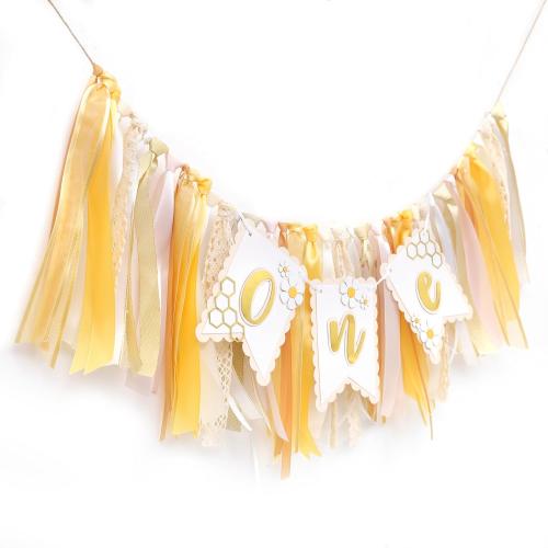 Bee One High Chair Banner Yellow - Bee for 1st Birthday Highchair Banner, Beehive Theme Birthday Party Supplies, Sweet One Party Decorations, Daisy First Photo Props (Beehive Garland Yellow)