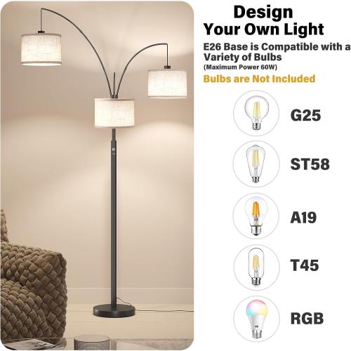 SUNMORY 3 Lights Floor Lamp for Living Room, 78 Tall Standing Lamp with Hanging Drum Shade, Modern Arc Floor Lamps with Heavy Base, Mid Century Arched Tree Floor Lamp for Bedroom, Office, Corner