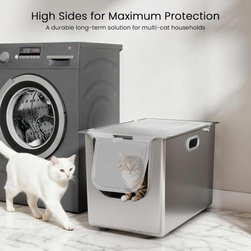 Stainless Steel Litter Box with Lid, Cat Litter Box with Door 14.5'' High Sides, XL Metal Kitty Litter Pan, Pet Toilet with Wheels for Easy Mobility, Anti-Leakage, Non-Sticky, Easy Clean
