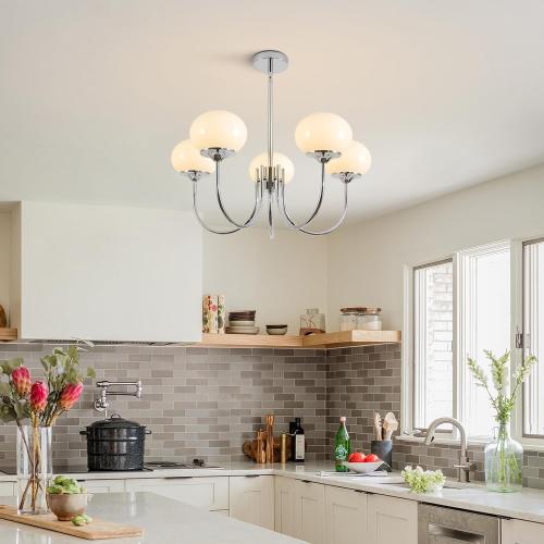 BOKT 5 Light Globe Chandelier Modern Milk Glass Chandelier Pendant Light White and Silver Vintage Semi-Flush Mount Ceiling Light for Kitchen Island Living Dining Room