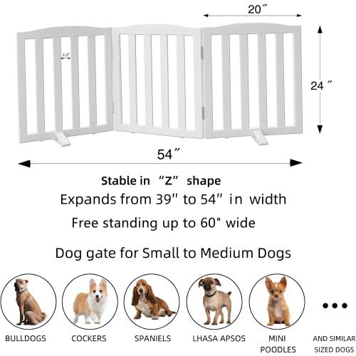 WHITE ZJSF Foldable Freestanding Indoor Dog Gate for House Wood White Long Pet Gates Dog Fence for Stairs Puppy Gates for Hallways,Pet Fence, Puppy Gate,Support Feet Included 24 Height-3 Panels