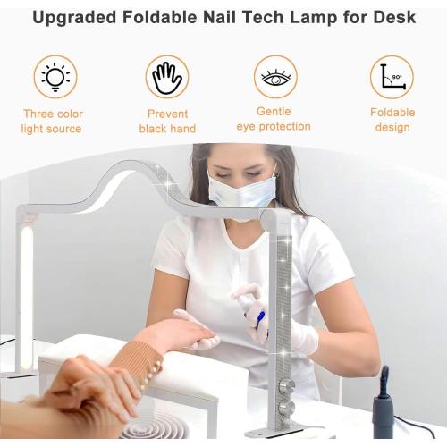 Upgraded Nail Tech Lamp for Desk, 34 in Foldable Large Nail Light with Phone Holder, 3 Modes 3000K-6000K LED Manicure Lamp, Half Moon Light for Lash Eyelash Extension, Tattoo, Eyebrows(Gold)