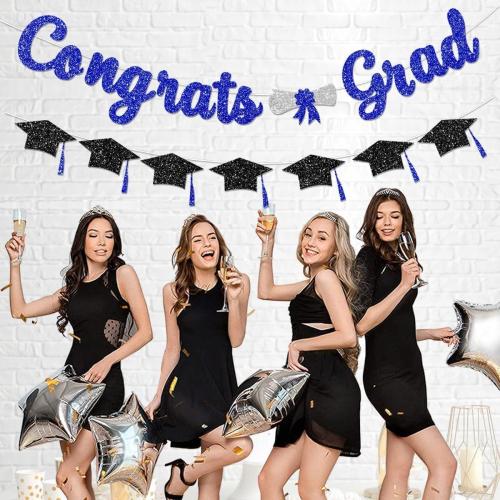 Congrats Grad Banner - 2 Pcs Glitter Congrats Grad with Tassel for Graduation Party DIY Decorations, Class of 2025/2026 Graduation Decorations Party Supplies, Blue and Black