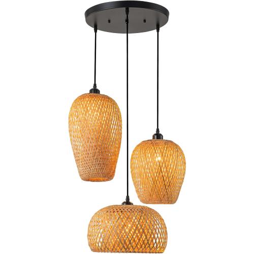 Rattan Pendant Light Bamboo Hanging Light 3-Lights Boho Pendant Light Fixture Woven Basket Wicker Shade Rattan Chandelier for Living Room Dining Room Kitchen