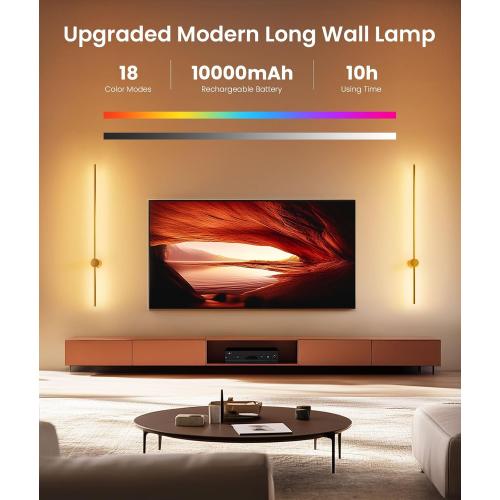 Battery Operated Wall Sconce Set of 2, 10000mAh Rechargeable Dimmable LED Wall Lamps with Remote, Modern Wireless Wall Lights for Bedroom, Living Room, Hallway, Indoor Decor, 40 Inch, Golden