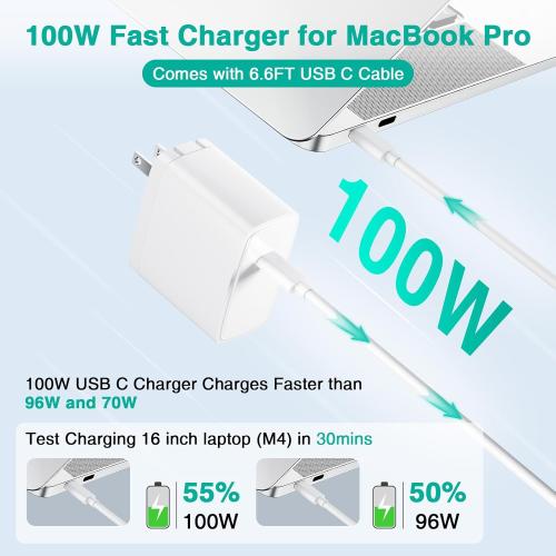 Charger for MacBook Pro/Air 13 14 15 16 inch M4 M3 M2 M1 2025 2024 2023 2022 2021 2020 2019, 100W USB C Laptop Charger Power Adapter with 6.6FT USB-C Charging Cable, Compact & Foldable