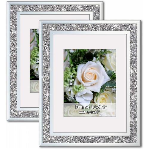 Crushed Diamond Wedding Mirror Photo Frame, Crystal Silver Glass Picture Frame For Photograph Size 11x14 inch With Mat for 8x10 inch, Pack of 2 Pieces Wall Frame. Bling Sparkle Diamond Home Decor.