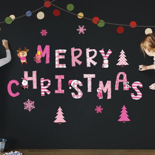 Whaline 22Pcs Merry Christmas Garage Door Magnets Decoration Pink Xmas Tree Santa Snowflake Garage Door Decals Cartoon Magnetic Refrigerator Stickers for Outdoor Party Home Car