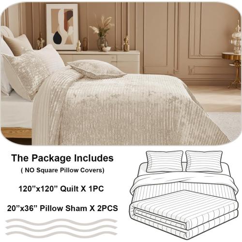 Quilt Set Oversized King Size 120x120 Luxurious Velvet Bedding Sets with 2 Pillow Shams 20x36 3 Pieces Ultra Soft Quilted Striped Bedspread Coverlet Comforter for All Season,Beige | for sensitive skin