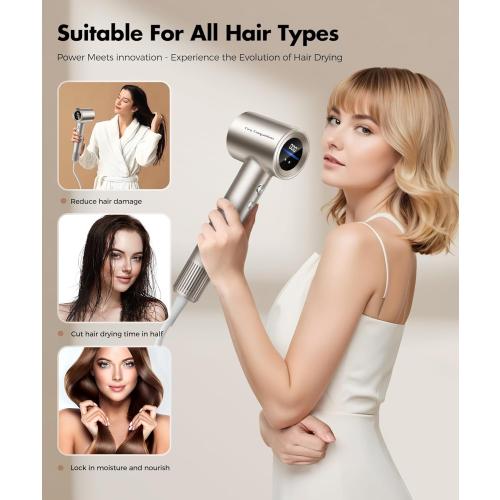 Cosy Companions Hair Dryer, 150000 RPM High-Speed Hairdryer for Fast Drying, Low Noise, HD Display, 5 Temps & 2 Speeds, 500 Million Negative Ionic Blow Dryer, Gold