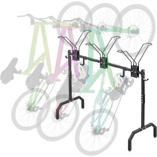 Cycle Storage Organizer Rack for 3 Bikes, Portable Bicycle Parking Rack with 4 Hooks, Bikes Floor Stand for Garage/Home/Indoor/Outdoor Use
