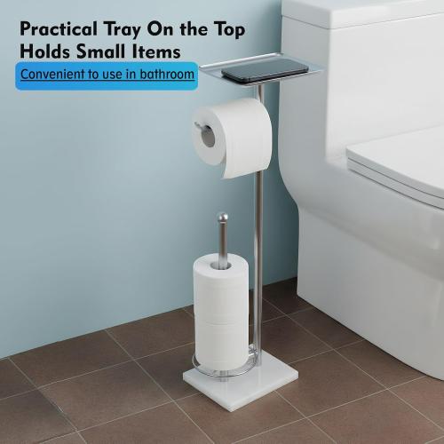 Toilet Paper Holder with Shelf, Free Standing Toilet Paper Holder with Storage - Toilet Paper Stand for Holding Extra 3 Rolls, Tissue Holder for Bathroom (Brushed Nickel with Marble Base)