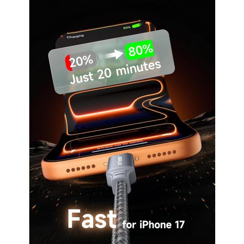 JSAUX 100W USB C Cable [2-Pack 6.6FT], Type C Fast Charging Cord for iPhone 17e/iPhone 17/iPhone Air/iPhone 17 Pro/iPhone 17 Pro Max, iPhone 16/15 Series, Galaxy S/Note, MacBook Pro Air, iPad - Grey