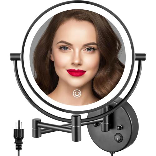 ALHAKIN 9 Wall Mounted Lighted Makeup Mirror, Large Double Sided 1X/10X Magnifying Mirror, 3 Color LED Vanity Mirror with Lights, Touch Dimmable 360° Swivel Light Up for Bathroom, Black