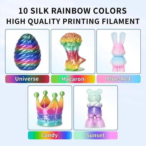 RAMBERY Silk Rainbow PLA 3D Printer Filament Bundle, 10 Colors Total 10kg, 1.75mm Multicolor Gradient 3D Printing Filament for Most FDM 3D Printers, 1KG Spool (2.2lbs) x 10 PCS