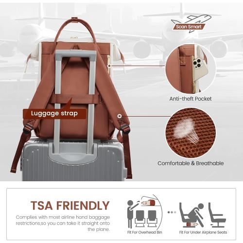 LOVEVOOK Leather Backpack for Women,17 inch Leather Laptop Backpack Women,Professional Work Backpack Nurse College Teacher Bag,Womens Laptop Tote Bag Computer Travel Backpack Purse,Beige White-Brown