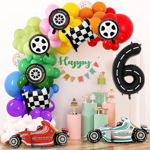 Number 6 Race Car Balloons, 43 Inch Race Car Party Decorations, Wheel Tire Balloon, Black and White Checkered Foil Balloons for Boys 6th Birthday Party Decoration - Pack of 9
