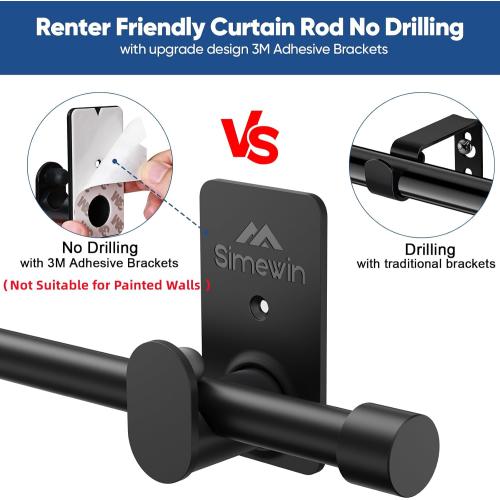 Curtain Rods No Drilling for Windows 30 to 45 Inches,5/8 Inch Diameter No Drill Small Curtain Rod Set with 3M Adhesive Brackets, Black