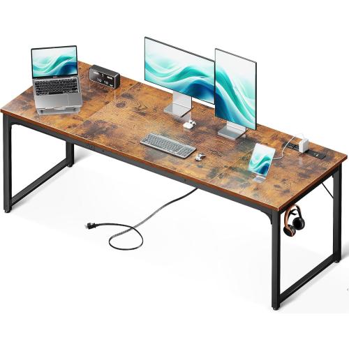 Coleshome 71 Inch Computer Desk with USB Ports, Large Office Desk, Long Study Student Writing Desk, Rustic Brown