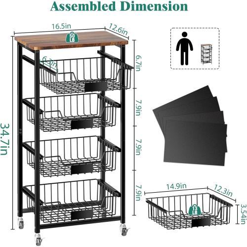 5-Tier Vegetable Fruit Basket Kitchen Storage Rolling Cart on Wheels with Pull-Out Baskets and Wood Top for Kitchen Diningroom Pantry