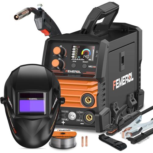 FEMEROL 140A 3 in 1 MIG Welder,Flux Core, MIG/Lift TIG/Stick Welding Machine 110V Portable IGBT Inverter Synergic Control, LED Display with Welding Helmets