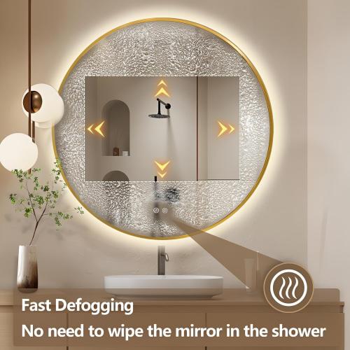 Niccy 36 Round LED Backlit Mirror with Lights, Gold Frame Anti-Fog Circle Mirror, Light Up 3 Color ShatterProof